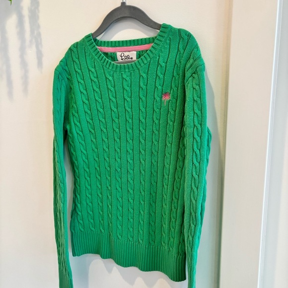 Lily Pulitzer Cable-Knit Crewneck Kelly Green Sweater Pink Logo Women's Size XS - Picture 2 of 9